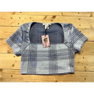 Sincerely Jules XS Blue‎ Plaid Square Neck Crop Top Short Sleeve